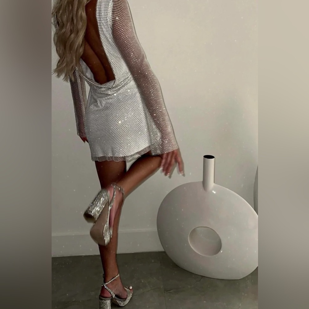 12th Tribe Anna White Rhinestone Mesh Mini Dress